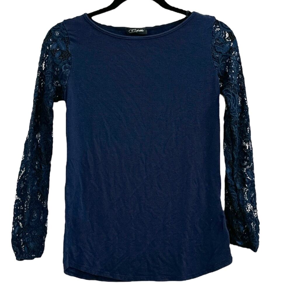 Colette Stretch Navy Blue Long Sleeved Top with Full Lace Sleeves Size XS EUC!!!